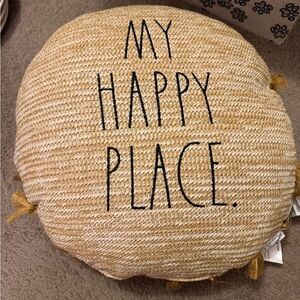 Round Tan Cushion with 'My Happy Place' Text